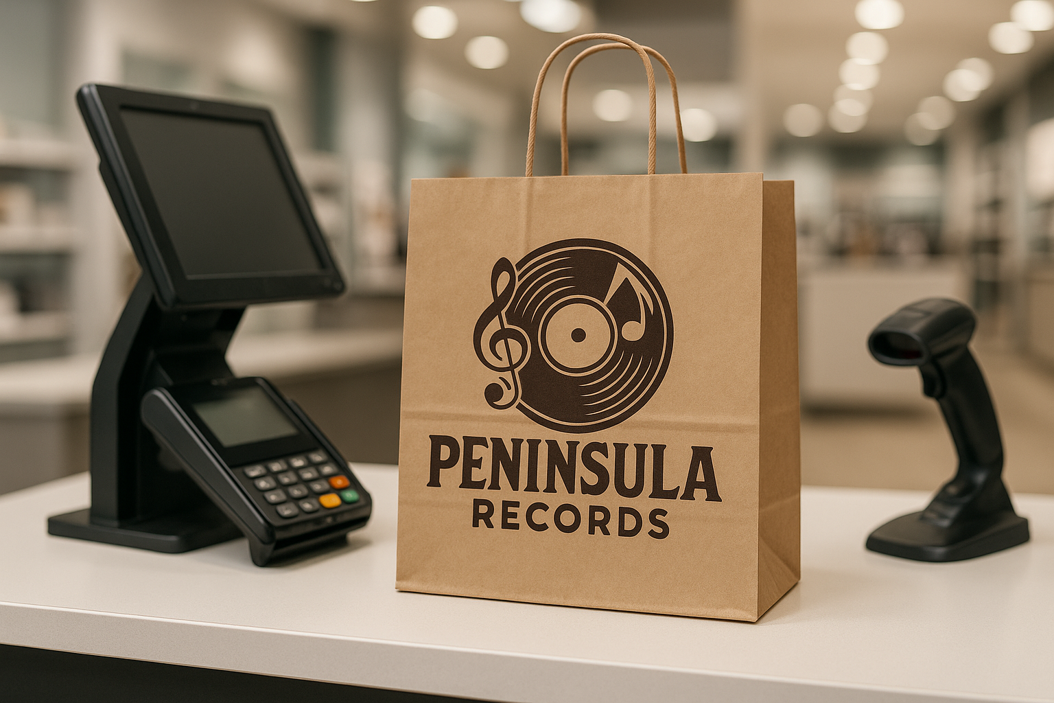 paper bag with Peninsula Record's logo at the checkout station