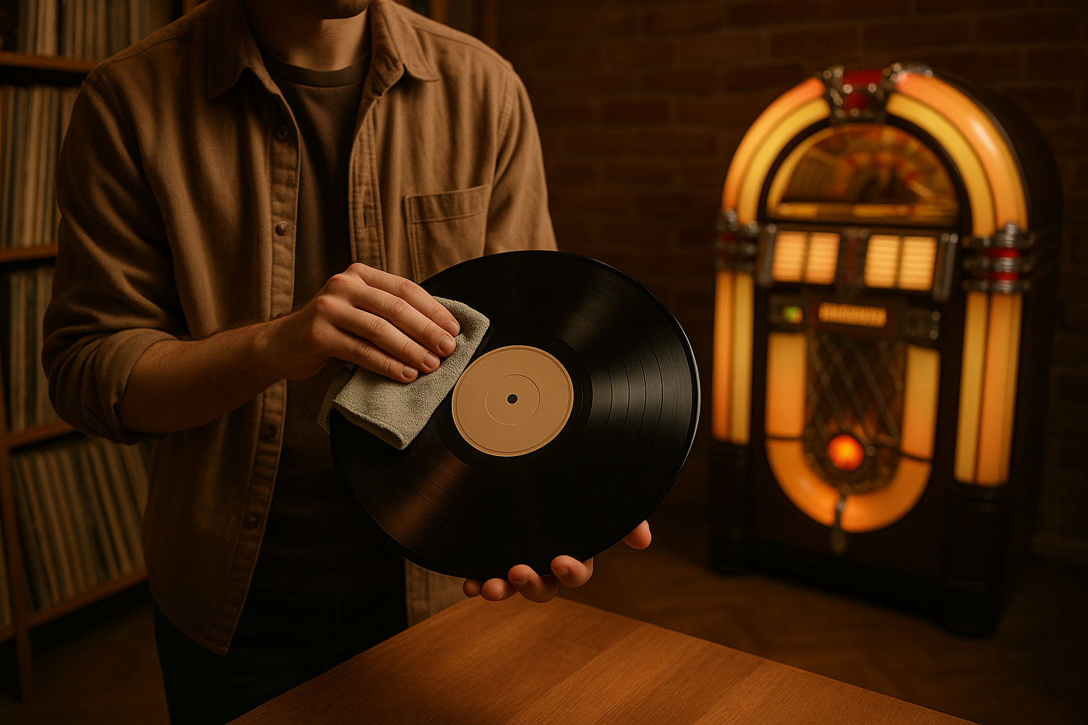 show a person cleaning a vinyl record wide angle with a jukebox behind 